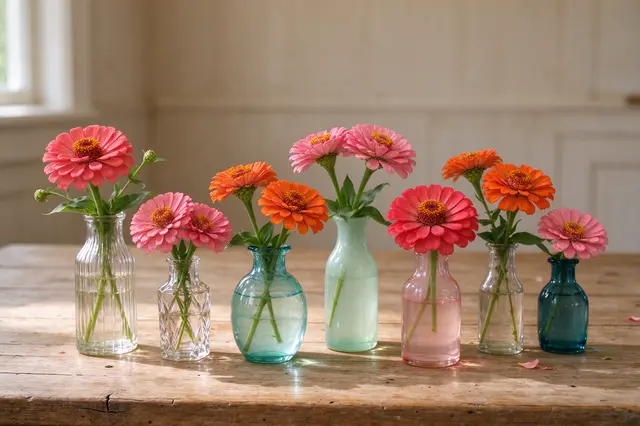 Row of small mismatched glass bud vases holding pink and orange zinnias on a rustic wooden farmhouse table in soft afternoon