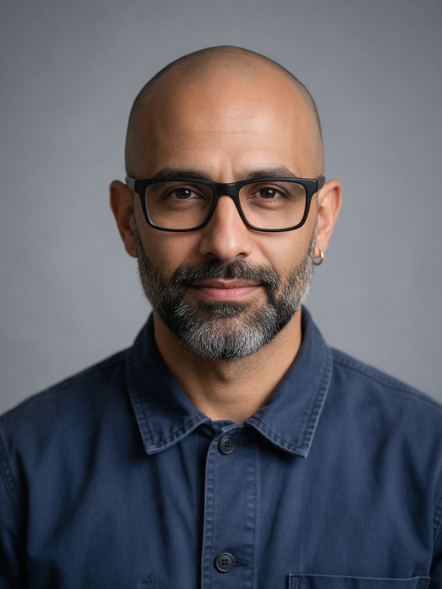 Reference portrait of the second example character: shaved head, salt-and-pepper beard, dark glasses, navy work shirt