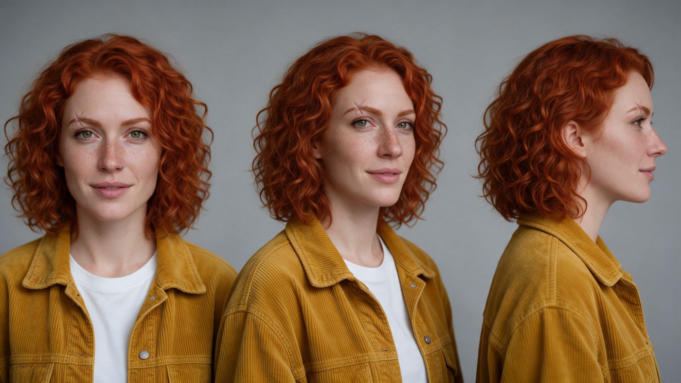Character reference sheet: the same woman from the front, three-quarter and profile, with identical hair, wardrobe and lighting in all three views