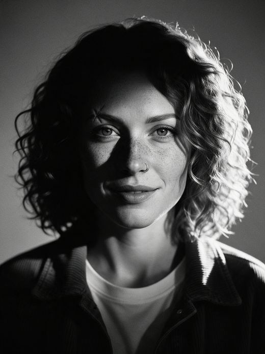 The same character: high-contrast black and white studio portrait