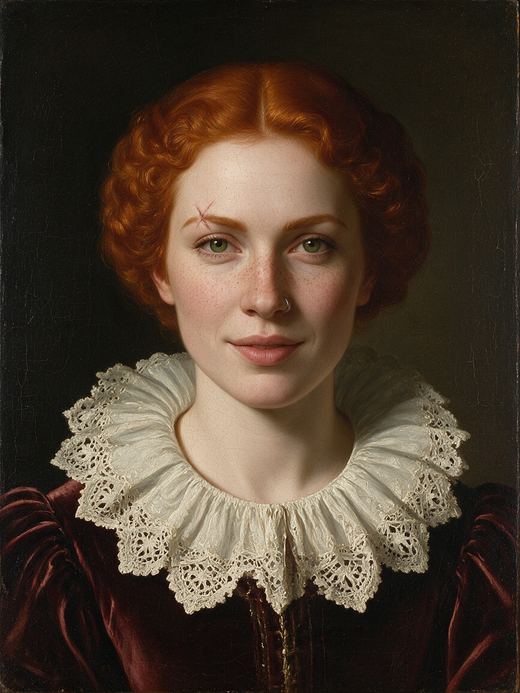 The same character: Renaissance oil portrait with a lace collar