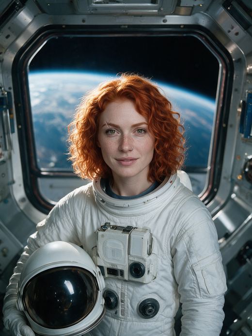The same character: astronaut aboard an orbital station