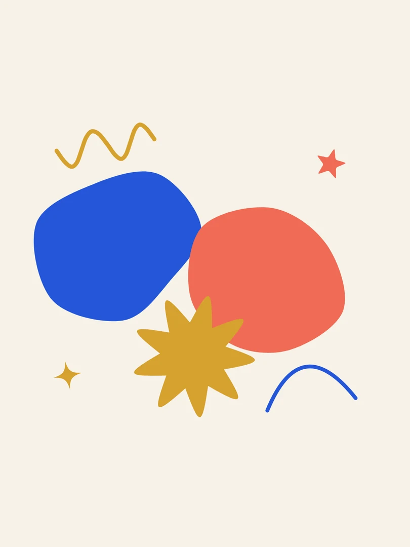 Poster artwork: cobalt, coral and ochre paint shapes on warm white