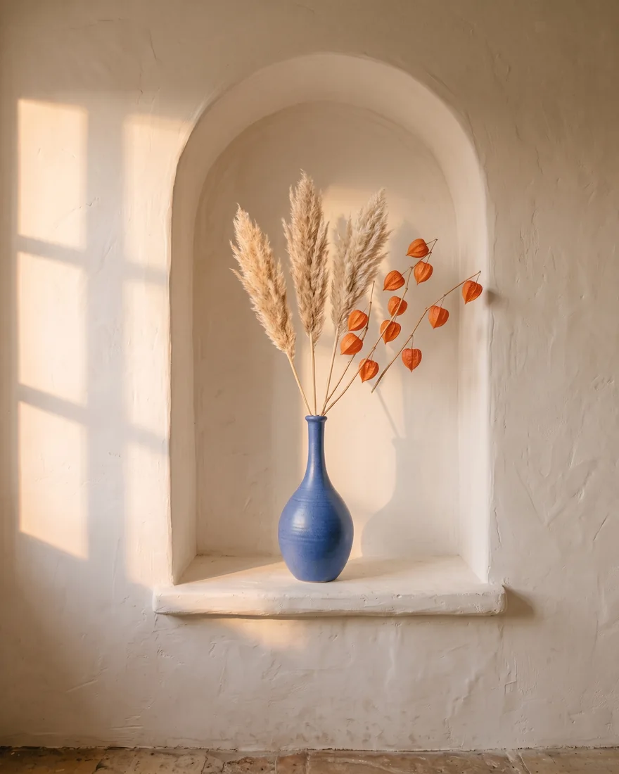 The vase in the niche holding the pampas grass and physalis, in the same late-afternoon light