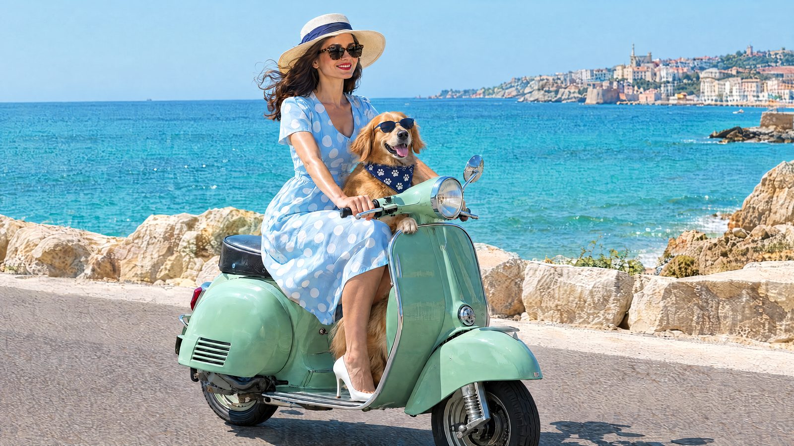 A photo of a scooter rider, edited to add a dog while the road and sea stay unchanged