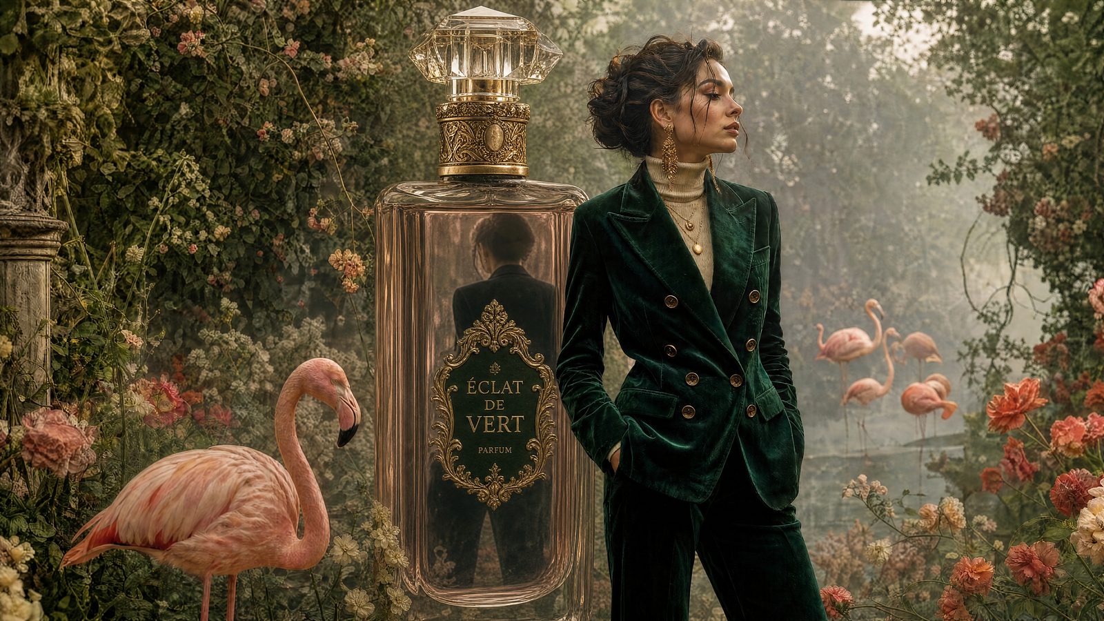 A perfume bottle from a reference image composited into a portrait