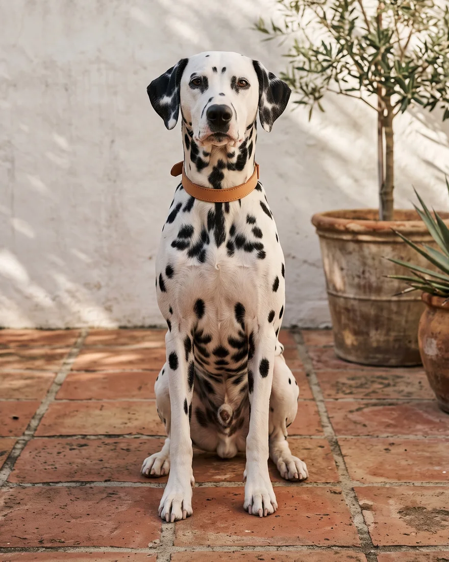 A Dalmatian sitting on a terracotta patio in front of potted plants