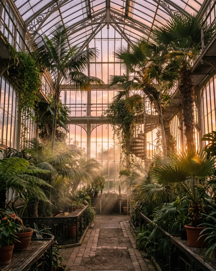 A glass greenhouse full of palms in golden evening light
