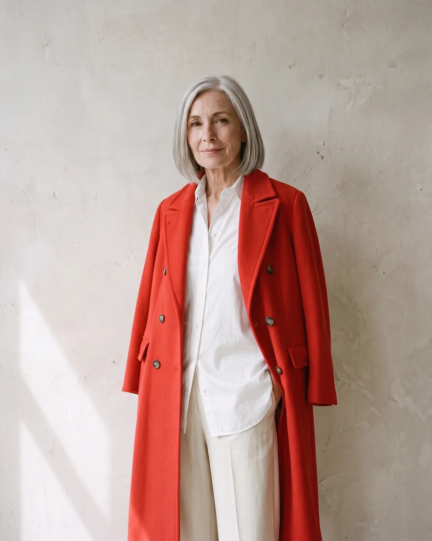 The same woman wearing the red coat
