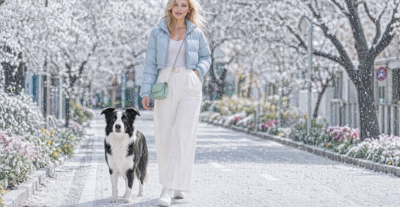 Street scene edited to a snowy day with a border collie added