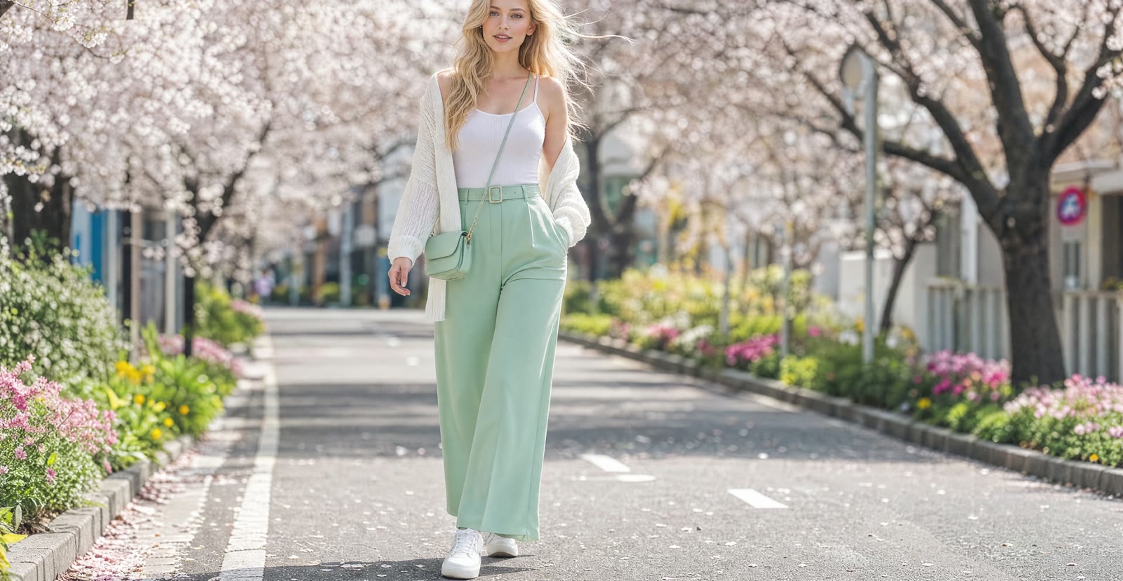 Woman walking down a street lined with cherry blossoms