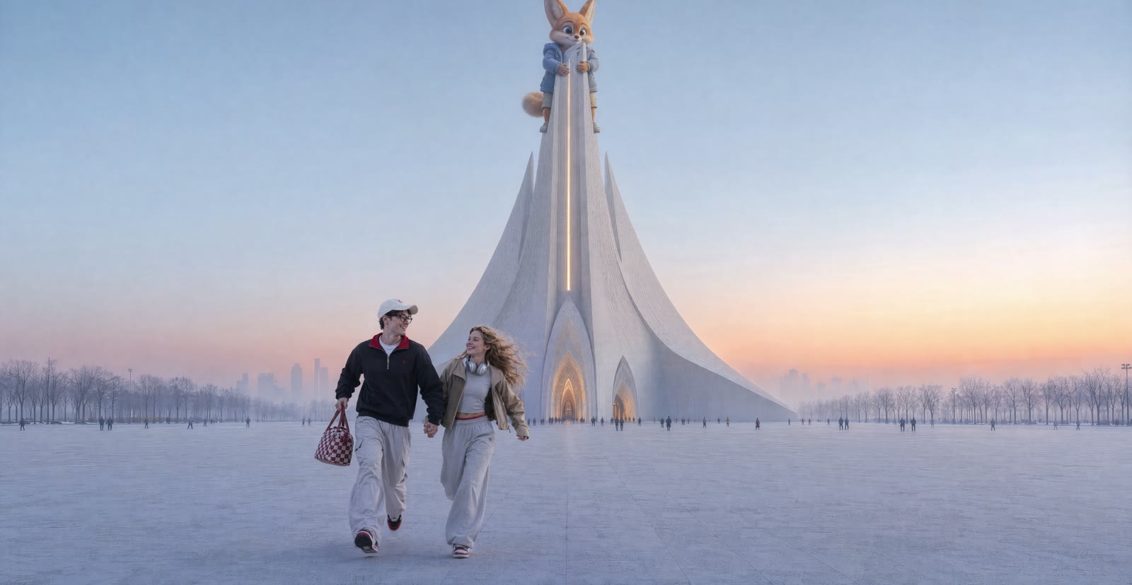 Photoreal composite of a couple and a fox at a white tower