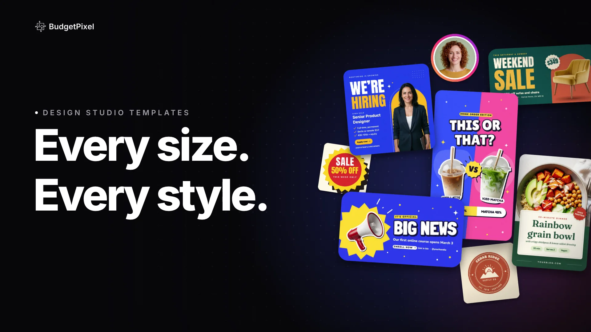 Design Studio templates in every size, a style filter, a design taken apart into layers, and a request to the AI designer