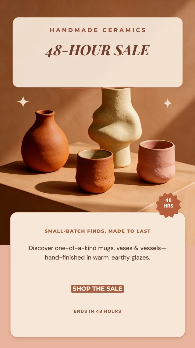 Instagram story: HANDMADE CERAMICS 48-HOUR SALE over terracotta vases and cups