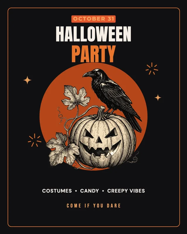 Party poster: HALLOWEEN PARTY, October 31, a crow on a carved pumpkin in black and orange