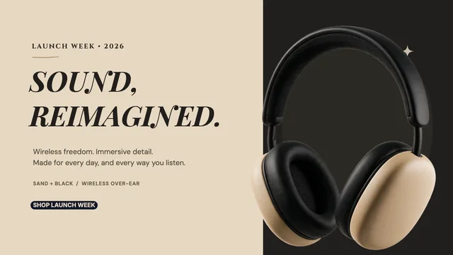 Web banner: SOUND, REIMAGINED. beside sand and black over-ear headphones