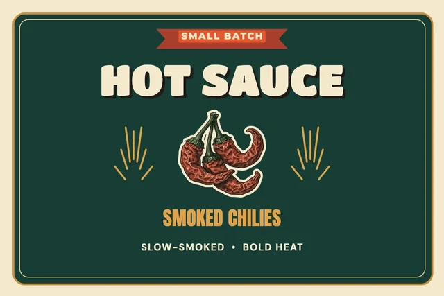 Label: SMALL BATCH HOT SAUCE, SMOKED CHILIES, retro type on dark green