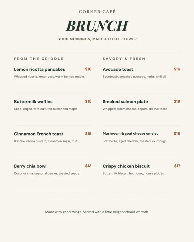 Brunch menu: CORNER CAFÉ BRUNCH, eight dishes with prices in two columns