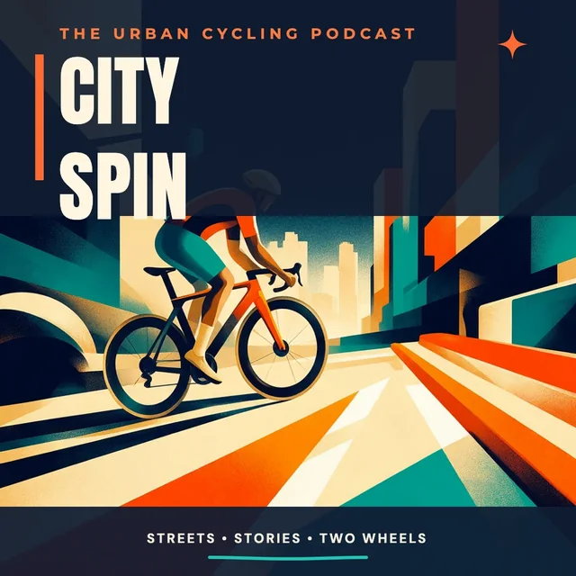 Podcast cover: CITY SPIN, the urban cycling podcast, a rider in a bold geometric city