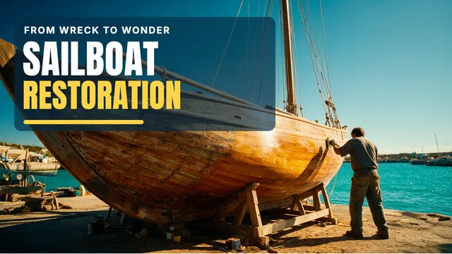 YouTube thumbnail: SAILBOAT RESTORATION over a wooden hull being sanded on a sunny quay