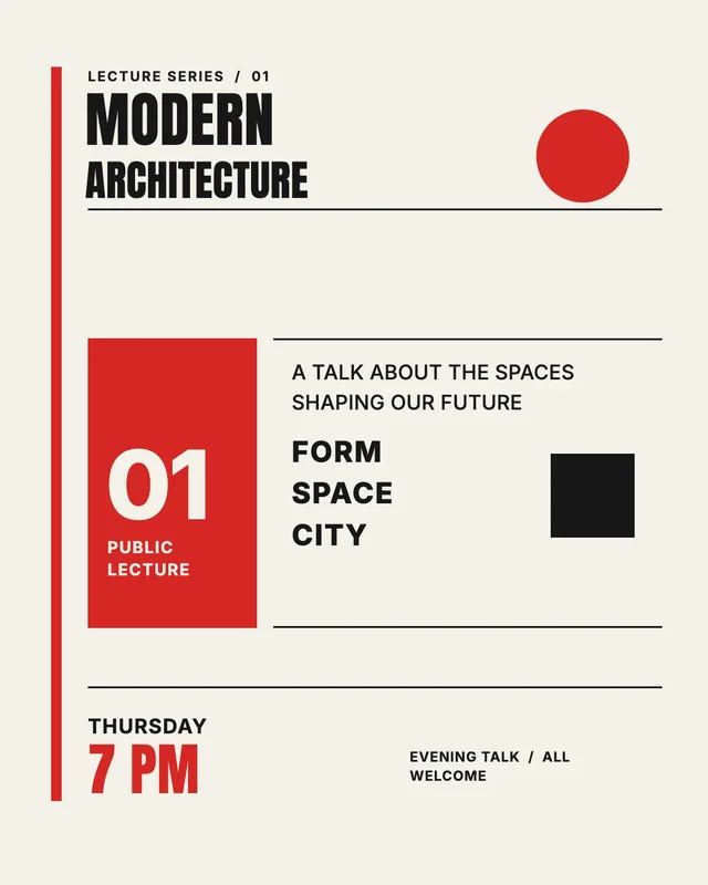 Swiss-style poster: MODERN ARCHITECTURE, public lecture 01, Thursday 7 PM, in red and black on cream
