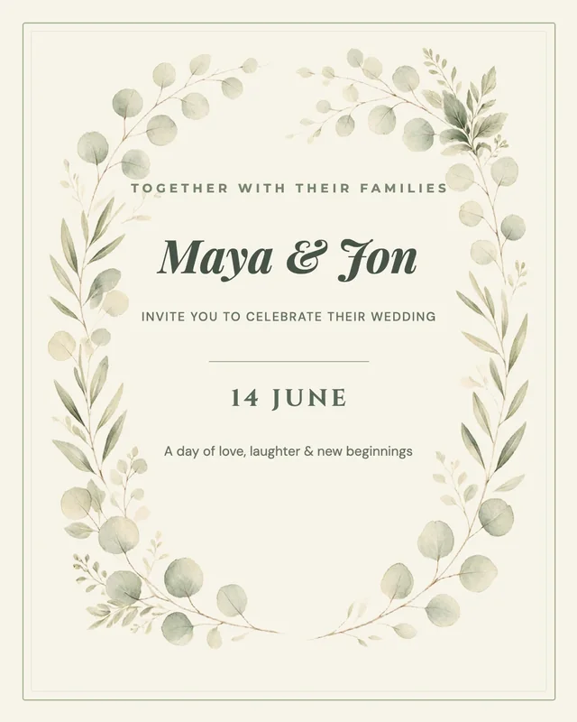 Wedding invitation: Maya & Jon, 14 June, inside a wreath of eucalyptus on cream