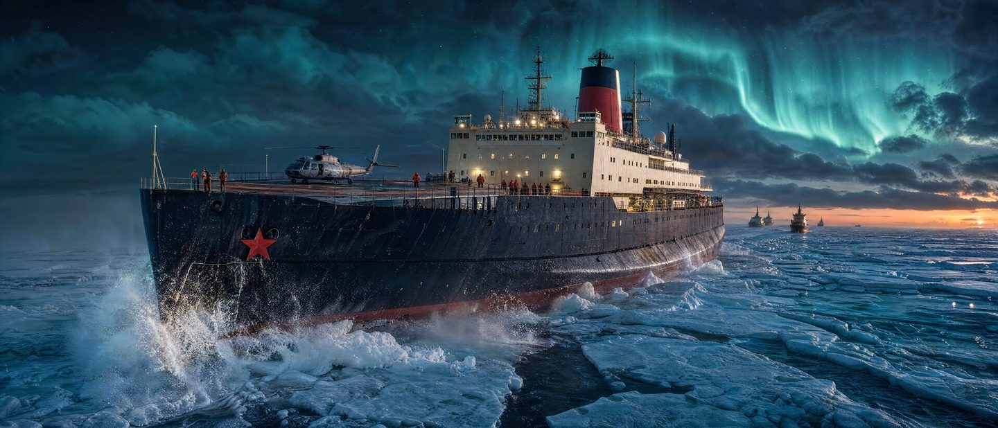 Icebreaker under the northern lights with a fleet on the horizon