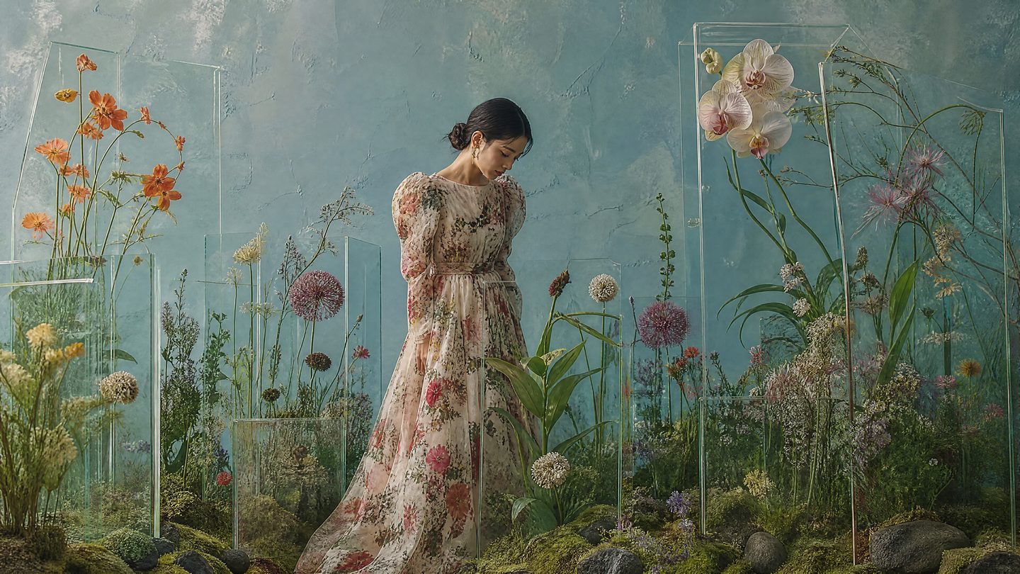 Woman in a floral dress among glass panels of pressed flowers