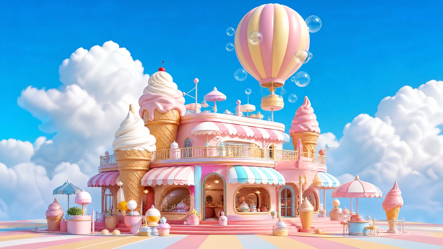 Ice-cream castle under a striped hot-air balloon in a candy-coloured sky