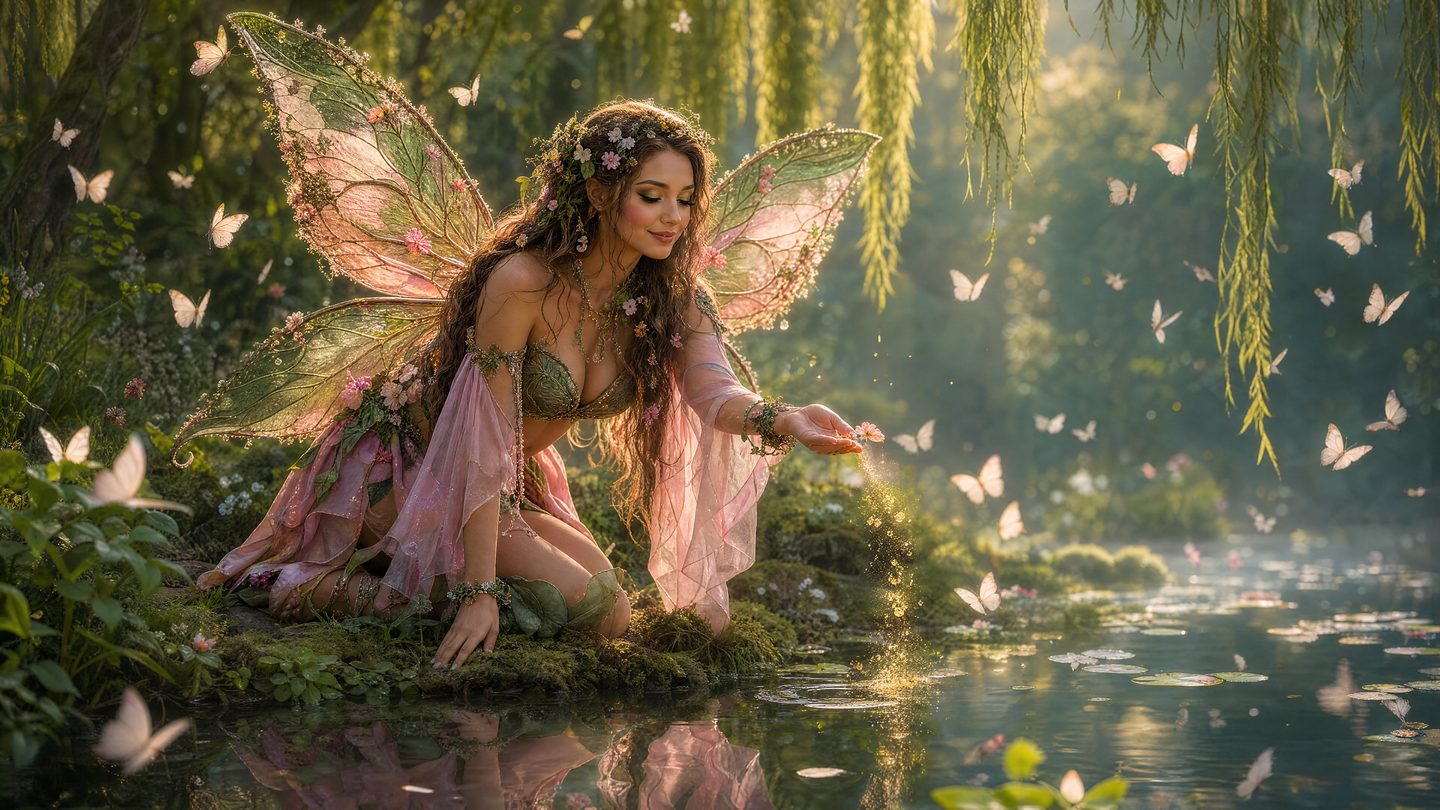 Fairy kneeling at a pond under willow branches, butterflies around her