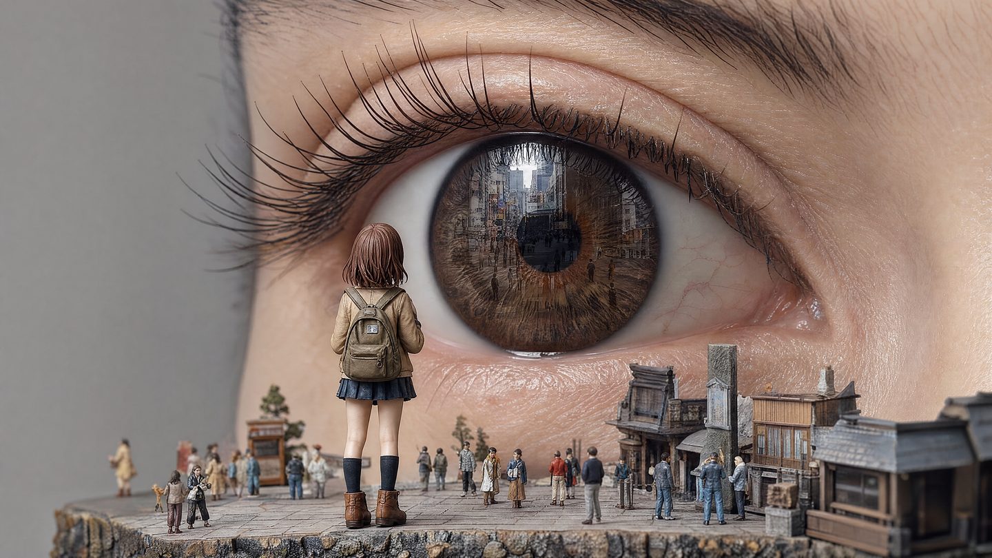 Girl with a backpack looking up at a giant eye above a miniature town