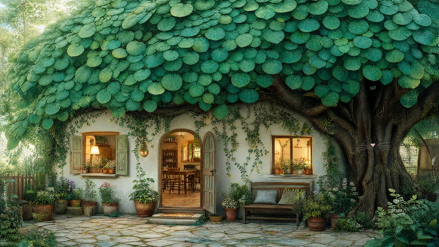 Stone cottage wrapped in ivy with a lit bay window at dusk