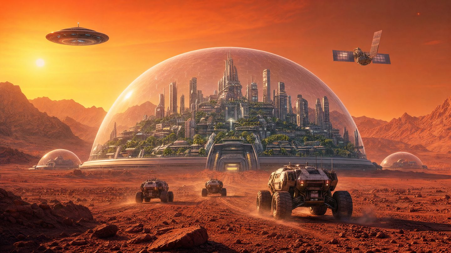 Domed city on Mars with rovers crossing the red plain