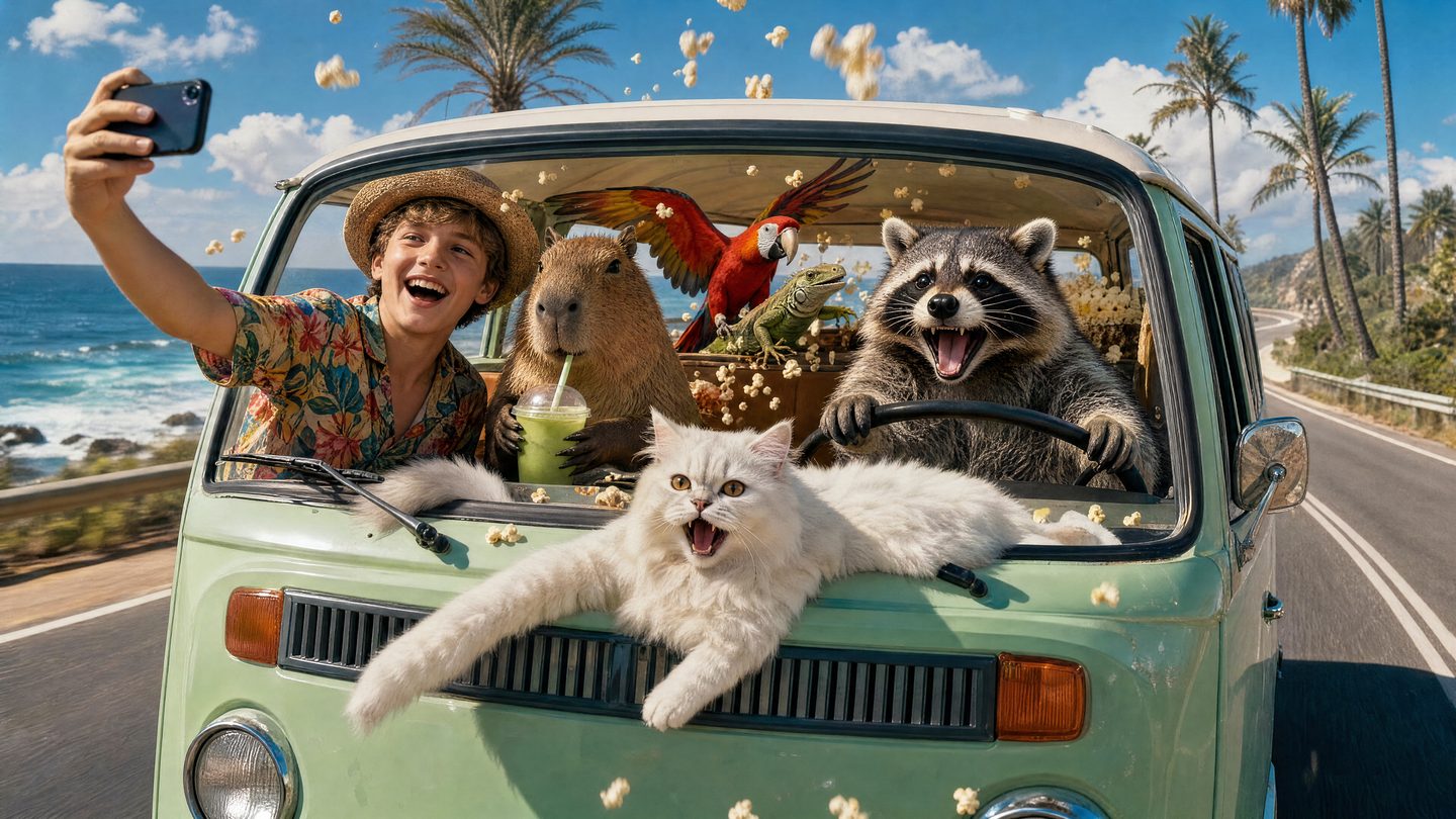 Selfie from a camper van with a cat, a raccoon and a parrot on board