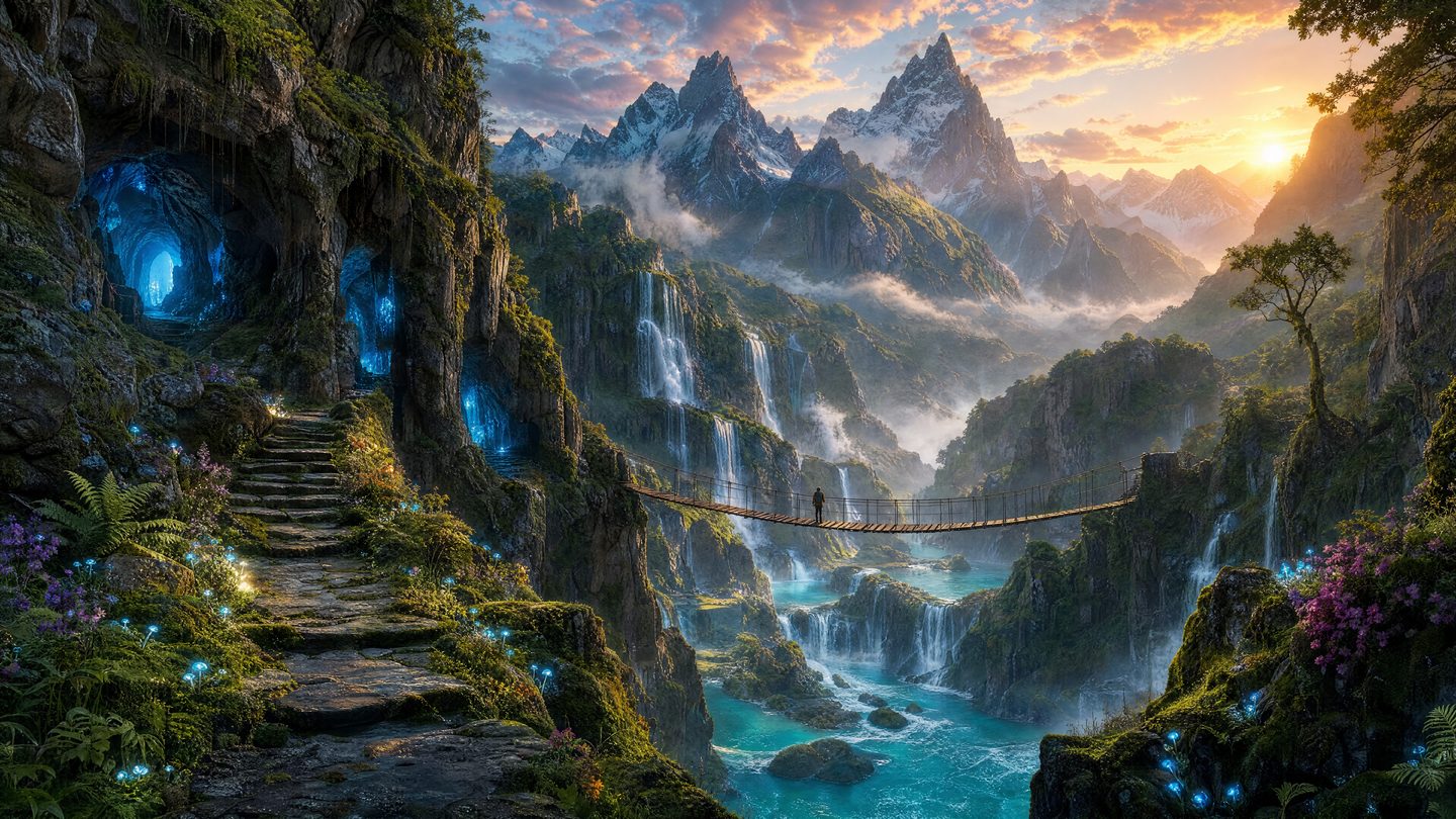 Rope bridge across a mountain waterfall valley at sunrise