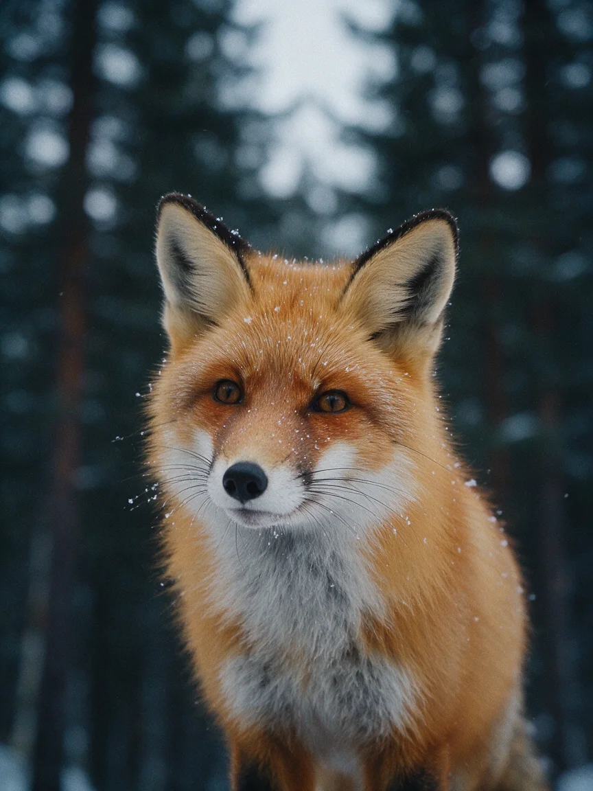 Portrait of a red fox in falling snow, generated through the BudgetPixel MCP server