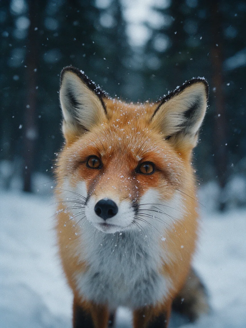 Portrait of a red fox in falling snow, generated through the BudgetPixel MCP server