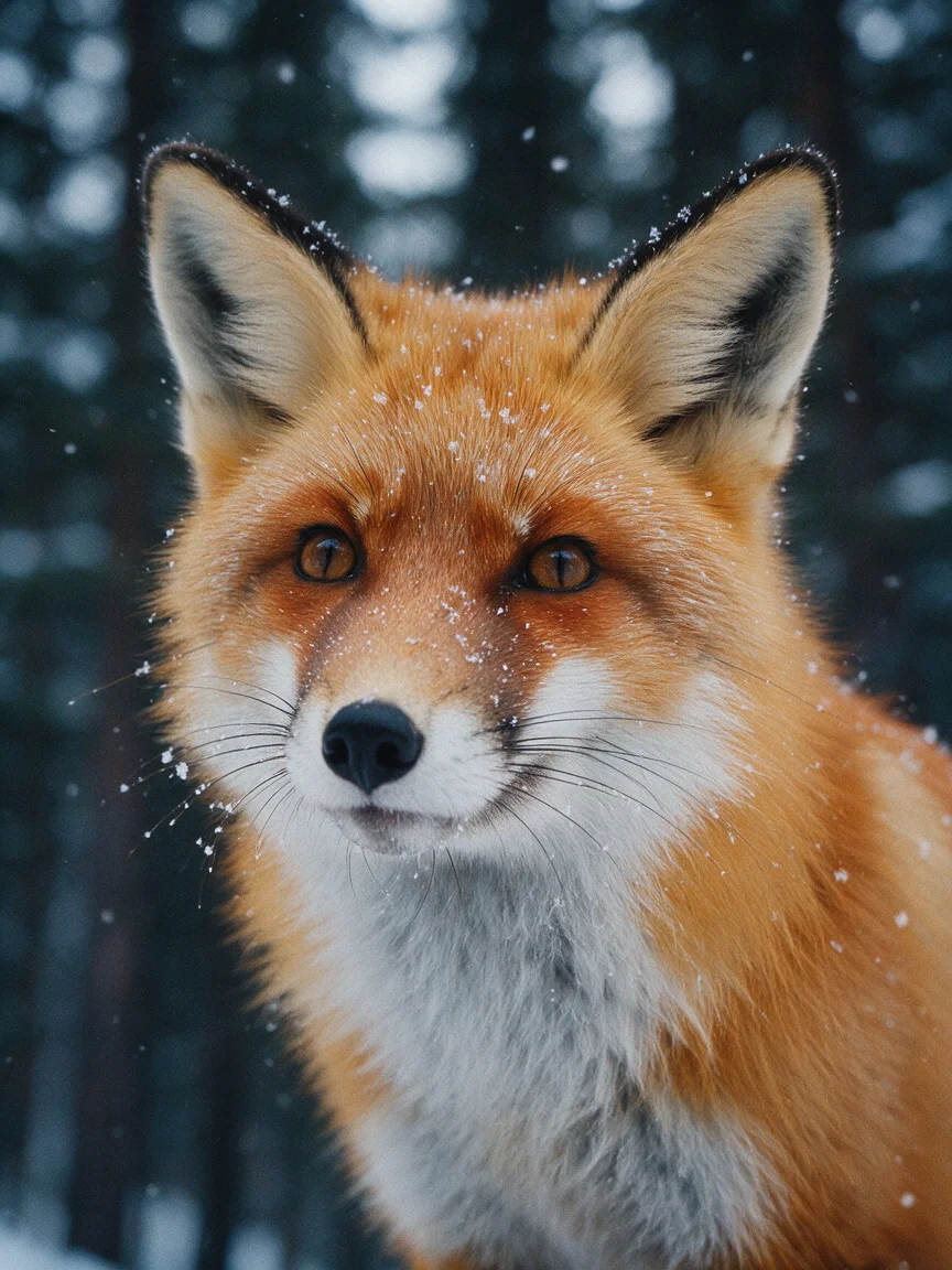 Portrait of a red fox in falling snow, generated through the BudgetPixel MCP server