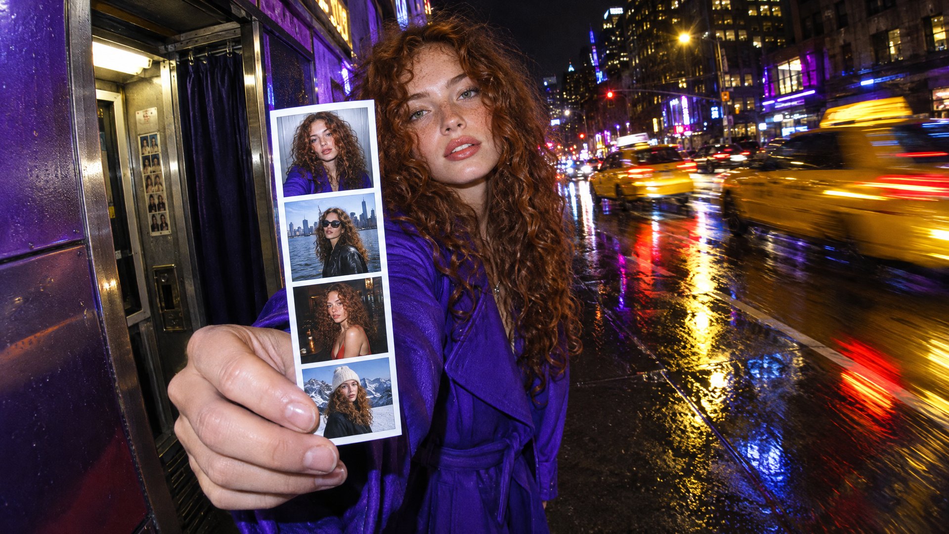 A young woman with curly auburn hair and freckles, in an electric-violet trench coat, steps out of a photo booth on a rainy street at night and holds a photo strip toward the camera: four frames of the same woman in four different places. Made with GPT Image 2.5 Flare.