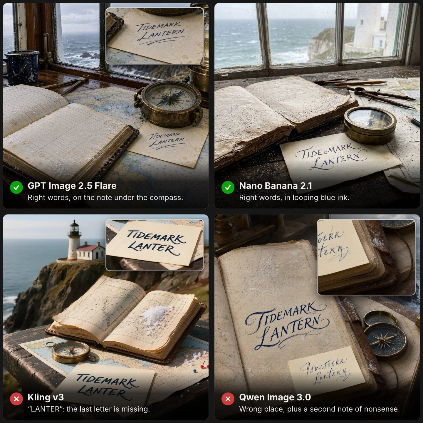 Four AI image models on one typography prompt, a lighthouse logbook. GPT Image 2.5 Flare and Nano Banana 2.1 wrote TIDEMARK LANTERN correctly; Kling v3 wrote TIDEMARK LANTER; Qwen Image 3.0 wrote on the logbook and added a second note.