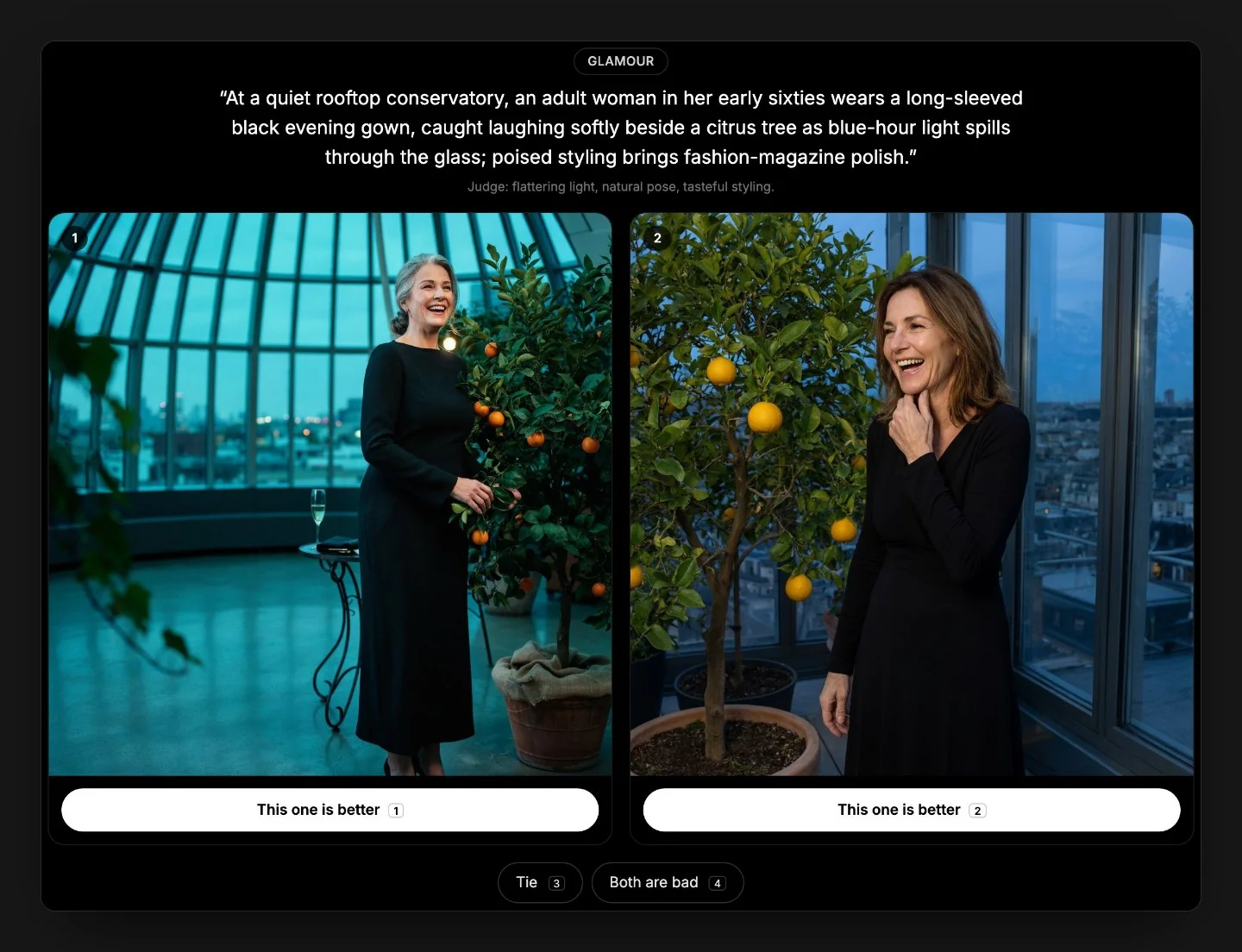The arena's vote screen: a glamour prompt about a woman in her sixties in a rooftop conservatory, two unnamed pictures, and the buttons This one is better, Tie and Both are bad.
