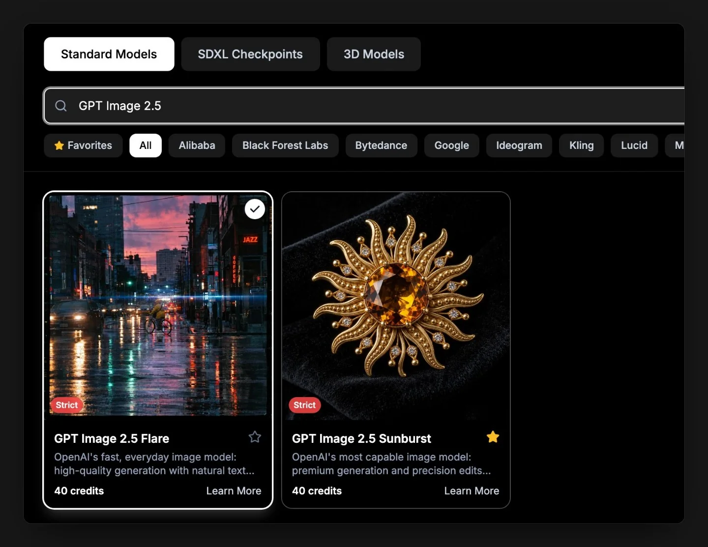 The BudgetPixel model picker searched for GPT Image 2.5, showing GPT Image 2.5 Flare and GPT Image 2.5 Sunburst at 40 credits each, both labeled Strict.