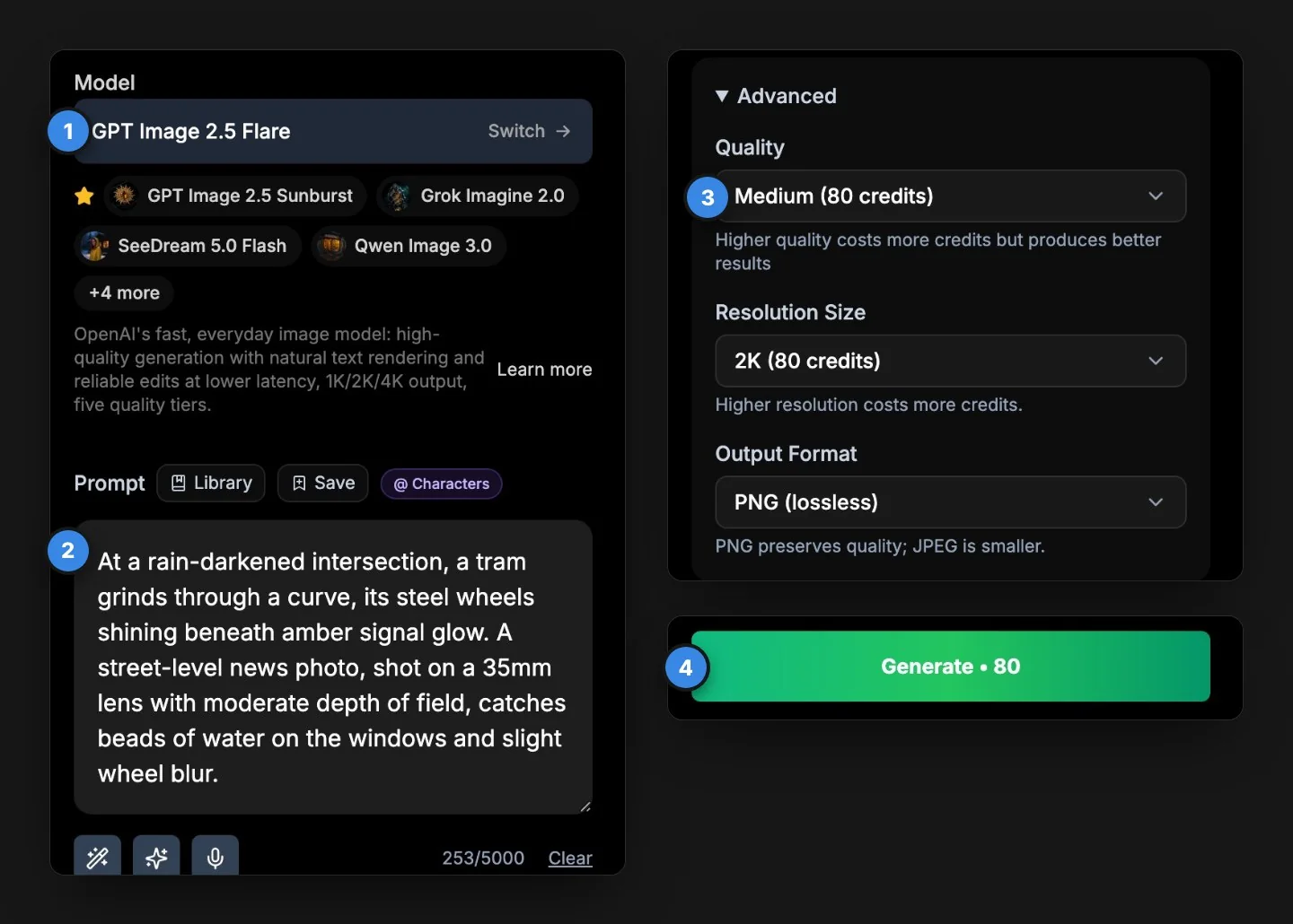 The BudgetPixel Image Workshop with numbered callouts: 1 the model selector, 2 the prompt box, 3 quality and resolution under Advanced, 4 the Generate button showing 80 credits.