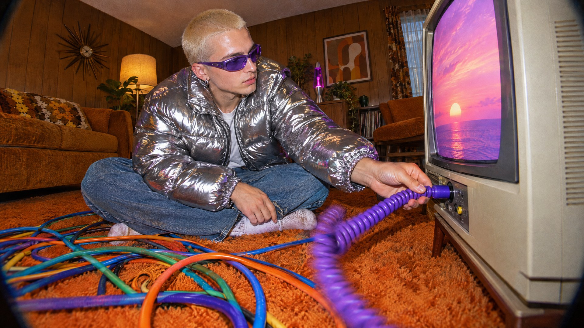 A young man with a bleached buzz cut in a chrome-silver puffer jacket and violet sunglasses sits on an orange shag carpet in a 1970s living room, plugging a coiled violet cable into an old TV that shows a sunset. Made with GPT Image 2.5 Flare.