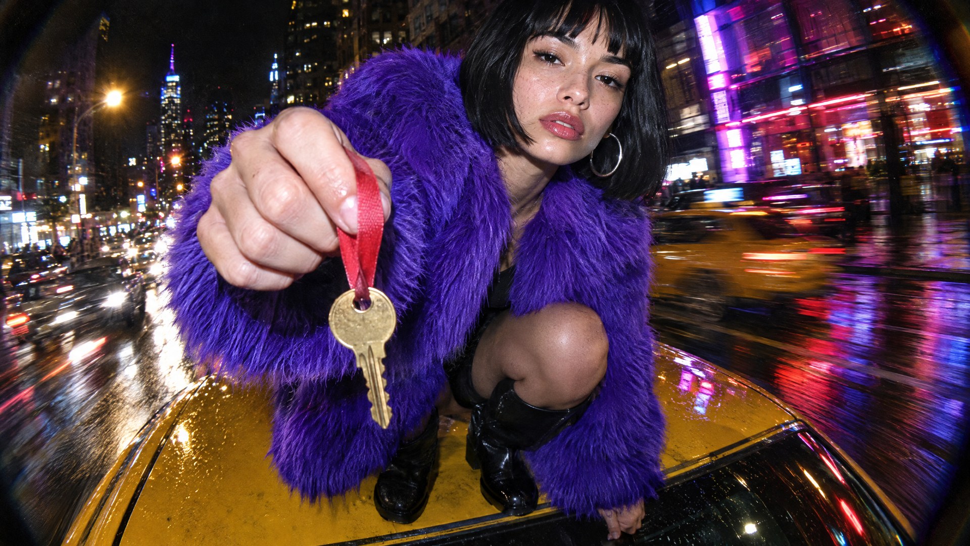 A woman in an electric-violet faux-fur coat crouches on the roof of a yellow taxi on a wet city street at night and holds a single brass key on a red ribbon toward the camera. Made with GPT Image 2.5 Flare through the BudgetPixel API.
