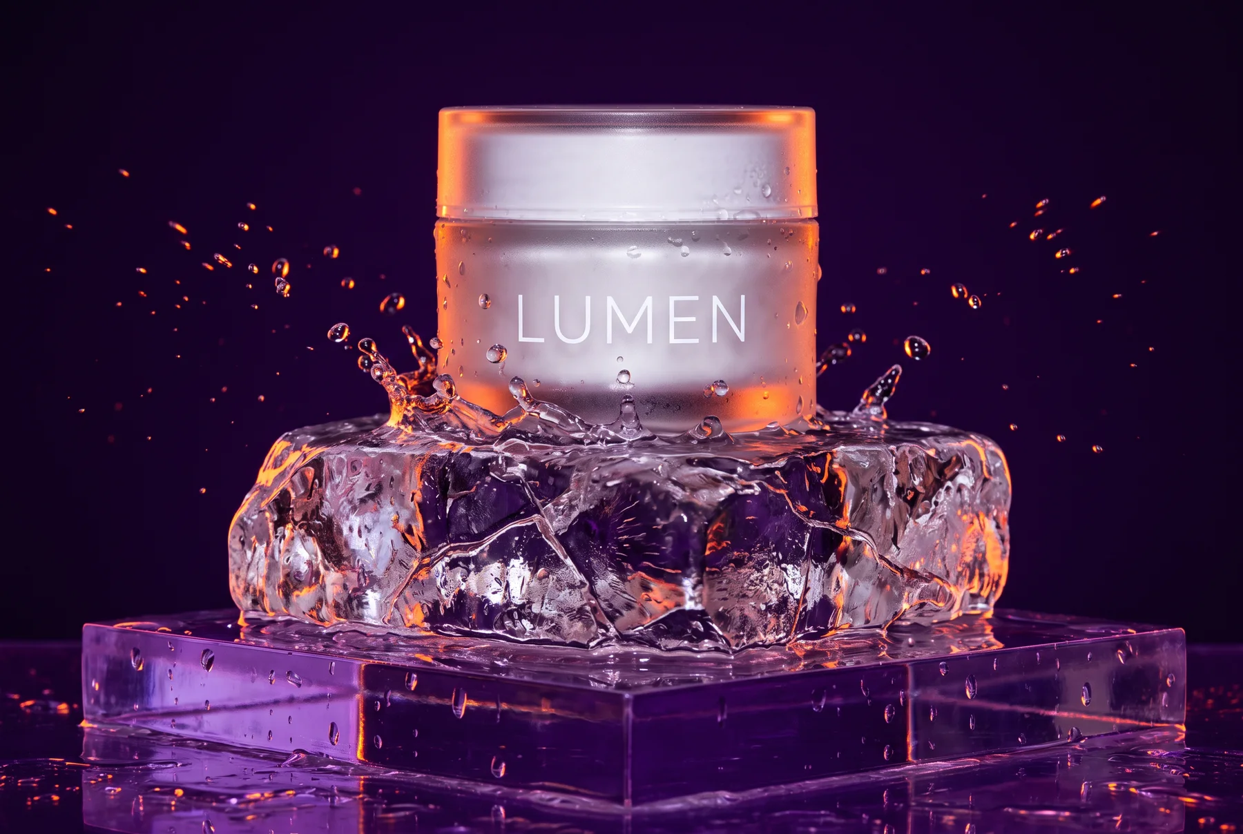 A frosted glass skincare jar labeled LUMEN on a cracked block of ice on a violet acrylic plinth, water splashing around it, against a deep violet background with an orange rim light. Made with Nano Banana 2.1.