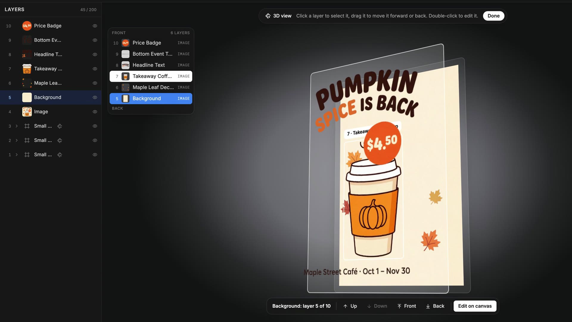 A flat pumpkin spice poster after Decompose, its six layers standing apart in Design Studio's 3D view: background, maple leaves, coffee cup, headline, bottom line and price badge