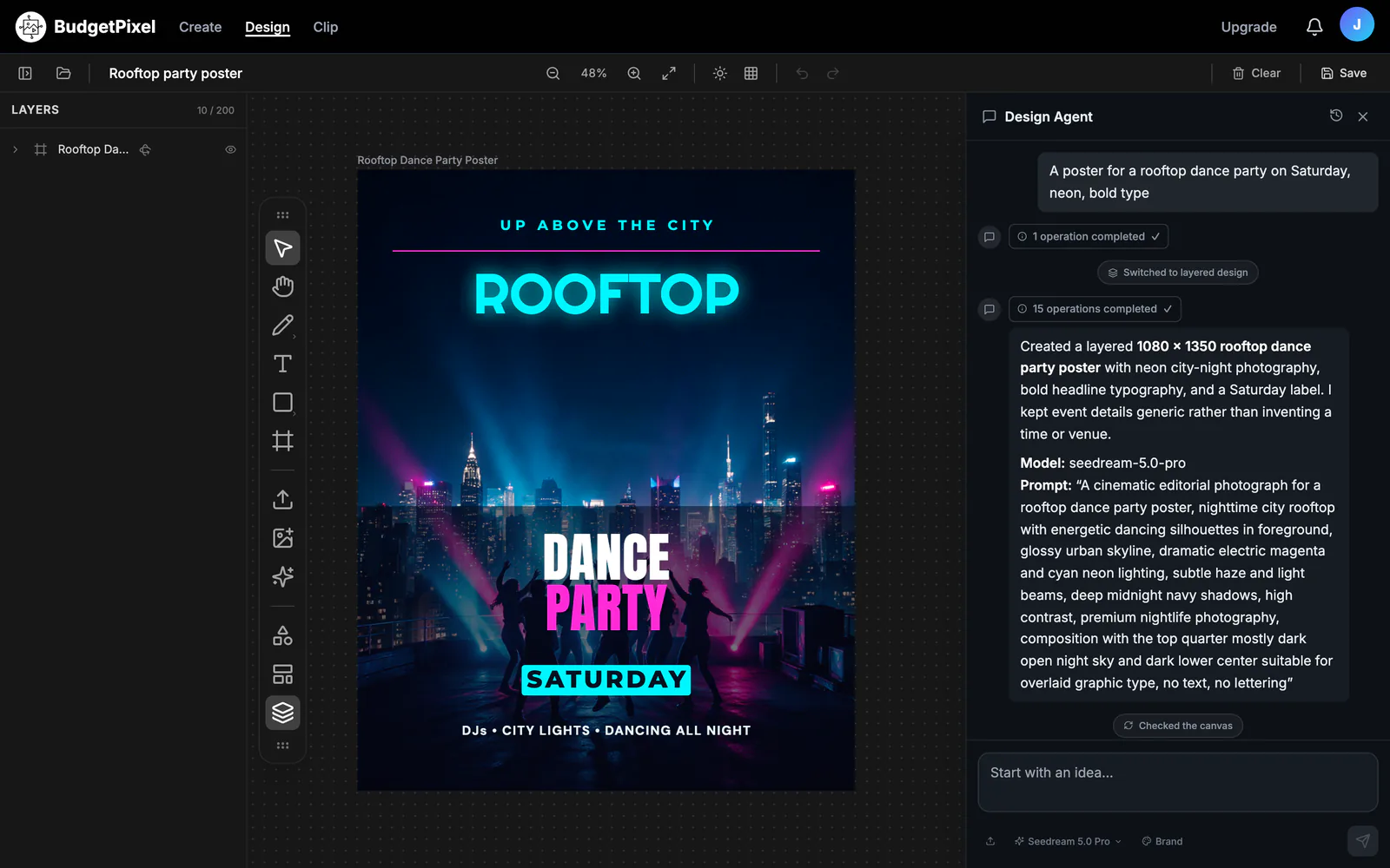 The AI designer's chat beside the poster it built