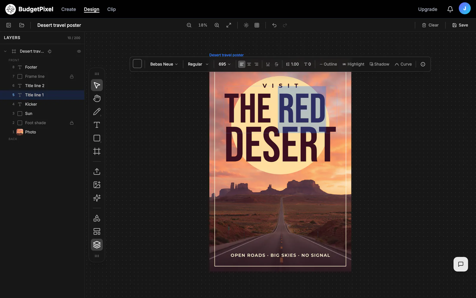 A poster template open in the editor, its title being retyped