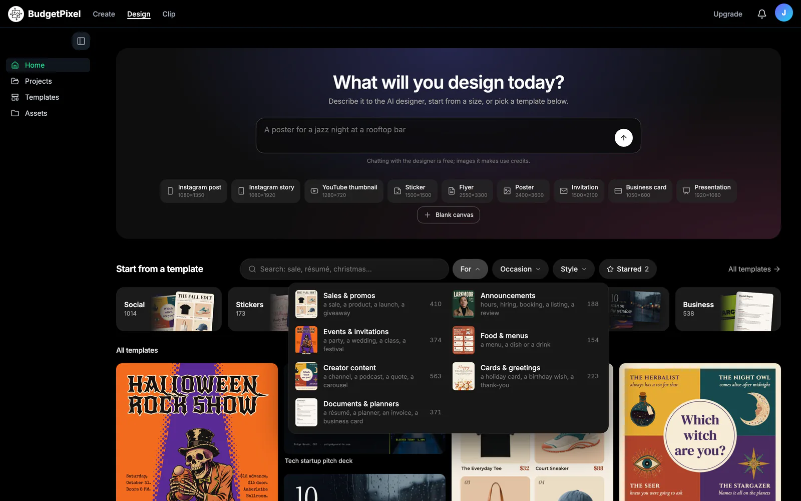 The Design Studio start screen with size presets, template categories and the purpose filter